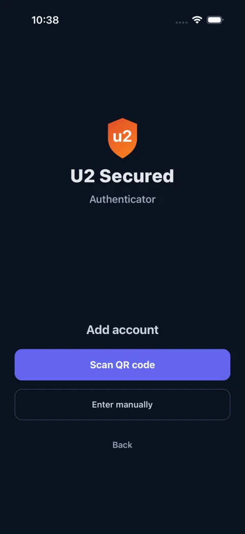 The app’s Add account screen with Scan QR code and Enter manually.