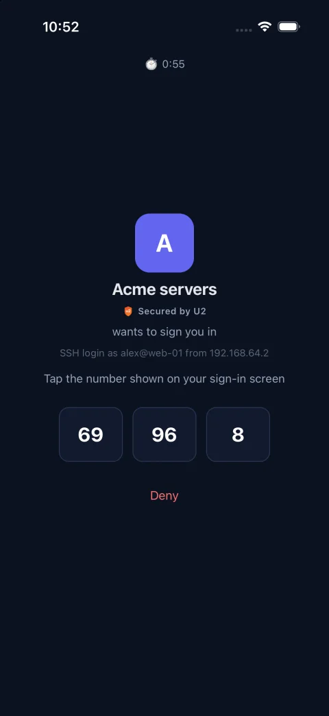 Phone approval from “Acme servers”: “SSH login as alex@web-01 from 192.168.64.2”, the numbers 69, 96 and 8, and Deny.