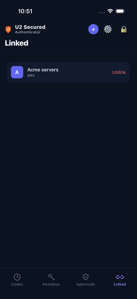 The app’s Linked tab listing “Acme servers” for alex, with Unlink.