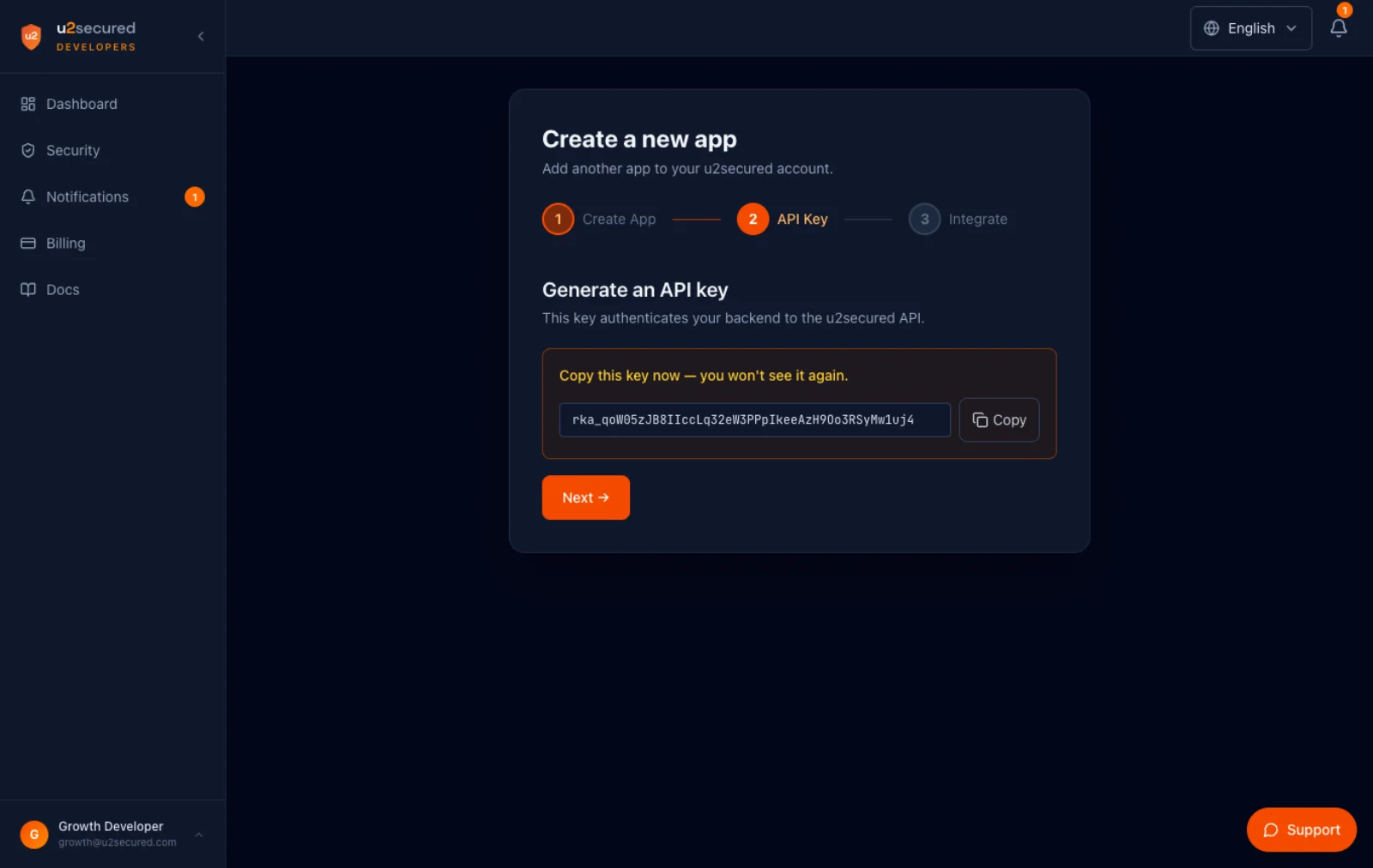 Developer portal, step 2 API Key: “Copy this key now — you won’t see it again.” above an rka_ key and a Copy button.