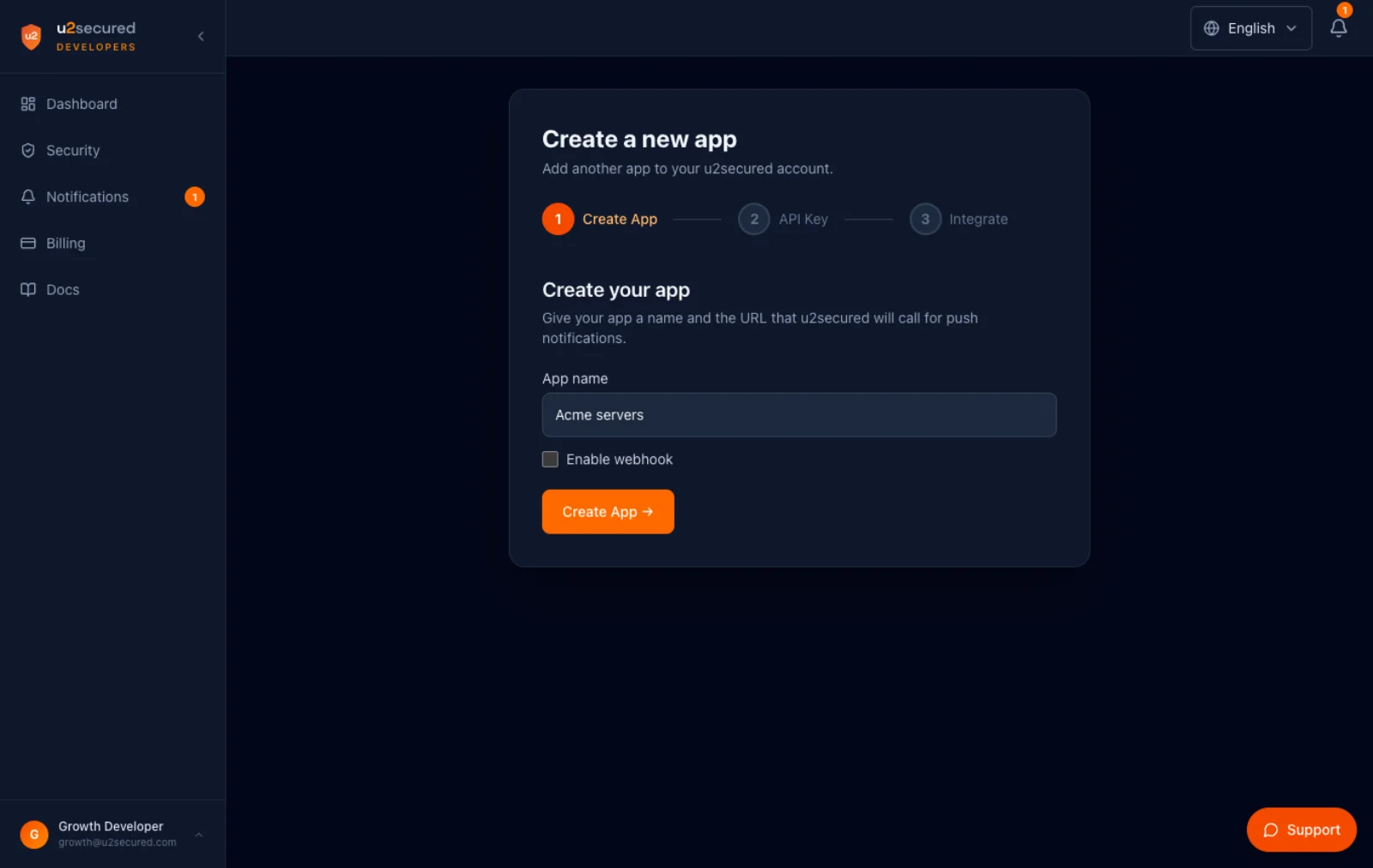 Developer portal, Create a new app, step 1: the app name “Acme servers” and the Create App button.