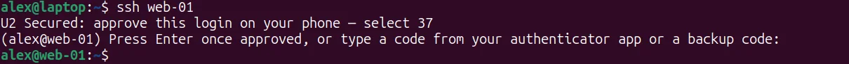 Terminal: after the U2 Secured prompt, the shell opens on web-01.
