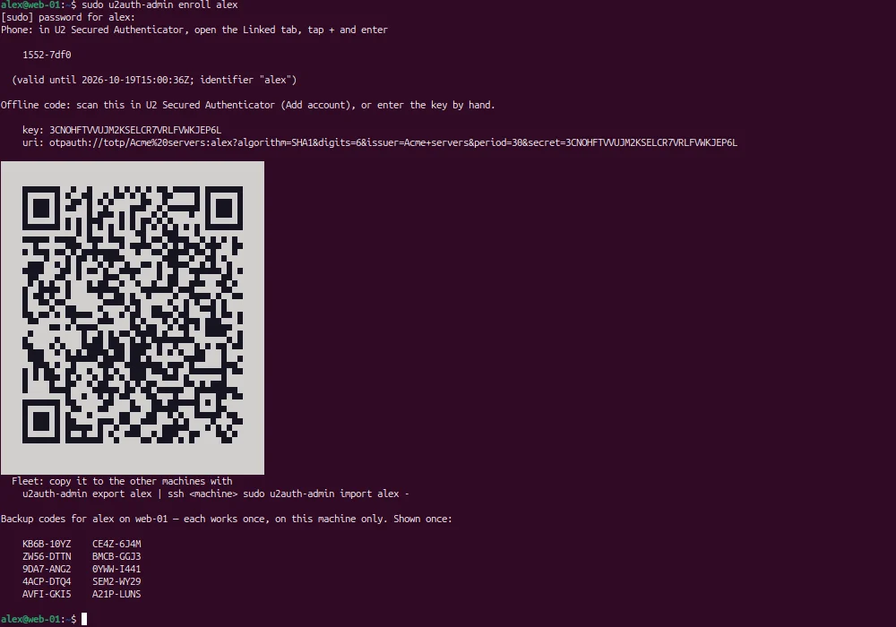 Terminal on web-01: sudo u2auth-admin enroll alex prints a pairing code for the Linked tab, the offline-code key and a QR code, the export/import hint for the fleet, and ten backup codes for alex on web-01.