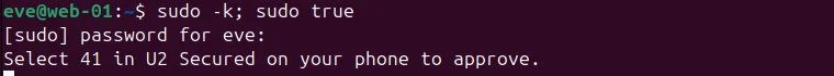Terminal on web-01: sudo -k; sudo true asks for the sudo password, then shows “Select 41 in U2 Secured on your phone to approve.” and waits.