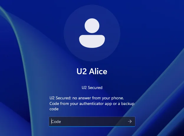 The U2 Secured tile saying “U2 Secured: no answer from your phone. Code from your authenticator app or a backup code”, with a Code field.