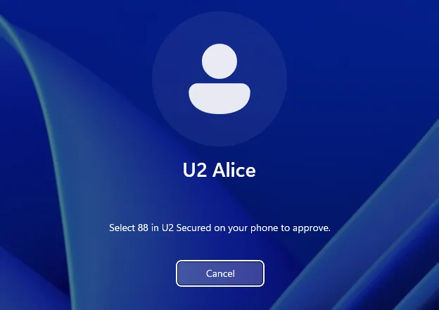 The Windows sign-in screen for U2 Alice showing “Select 88 in U2 Secured on your phone to approve.” and a Cancel button.
