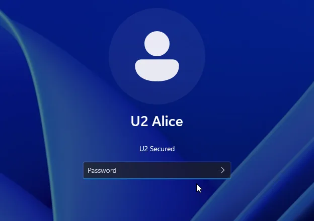 The locked screen for U2 Alice with the U2 Secured tile and a Password field.